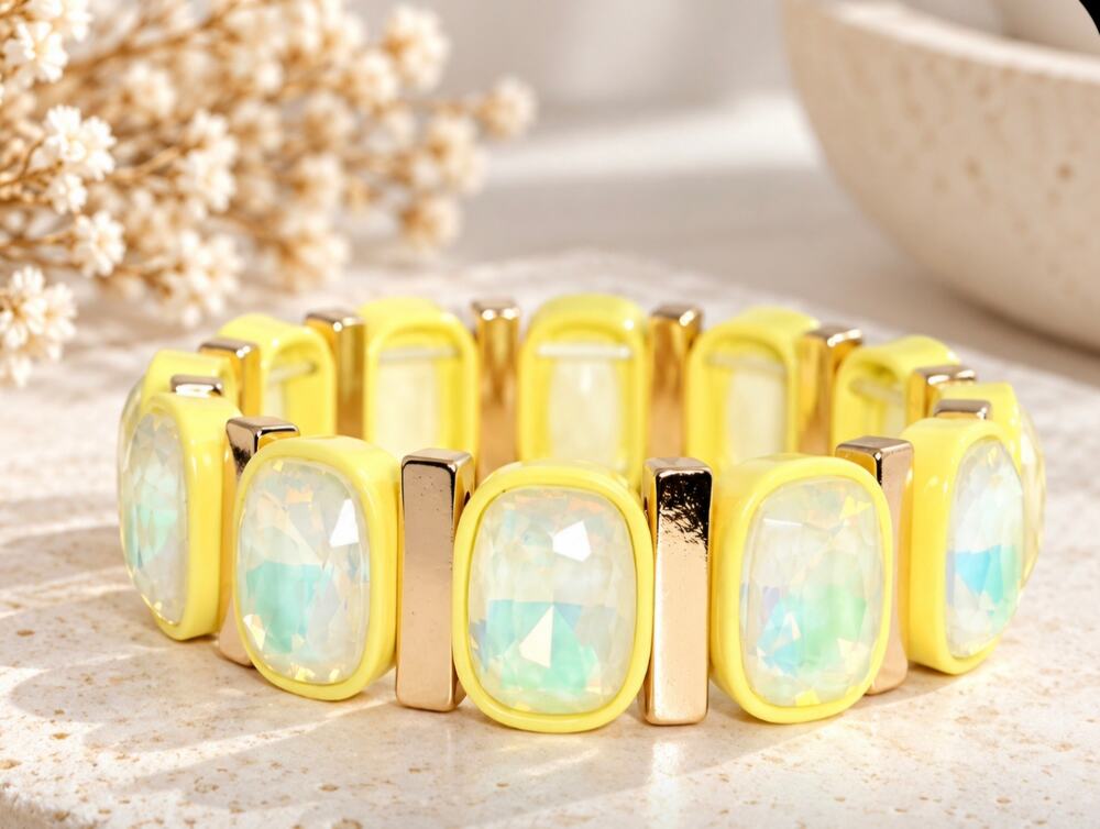 Yellow Alloy Bracelet With  Blue Opal AB Stones New